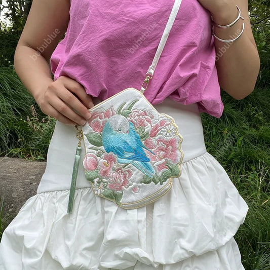 Cute Crossbody Mobile Phone Bag With Flower And Bird Embroidery