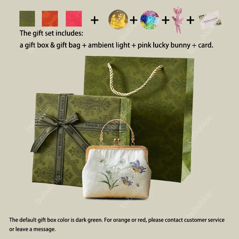 Butterfly Embroidered White Kiss-Lock Handbag