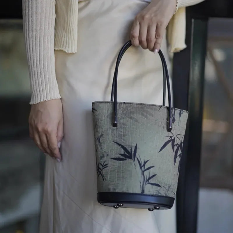 Ink Bamboo Printed Green Bucket Bag with Leather Strap