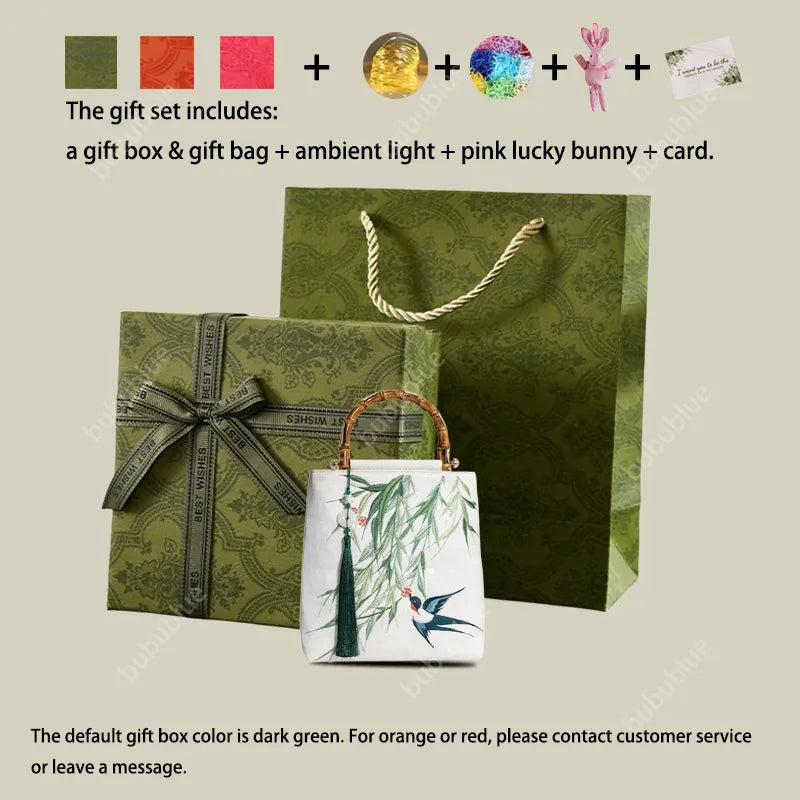 Swallow & Willow Embroidered White Tote Bag with Bamboo Handle