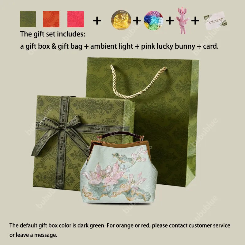 Embroidered Lotus Square Kiss-Lock Handbag with Acrylic Handle