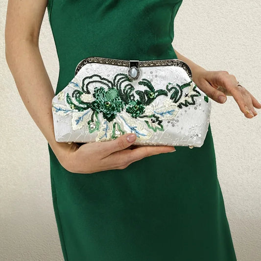 Emerald Green Floral Embroidered Clutch Bag With Pearl Handle