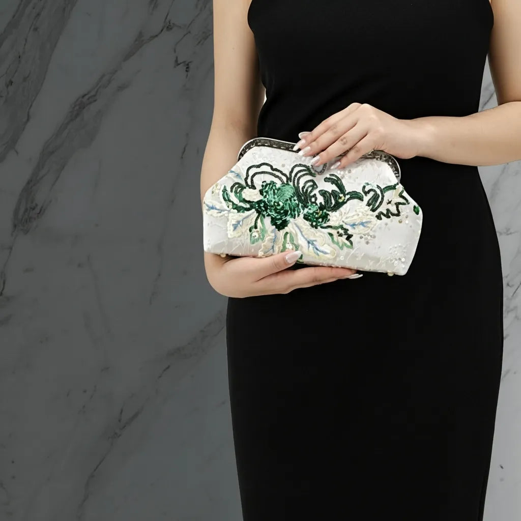 Emerald Green Floral Embroidered Clutch Bag With Pearl Handle