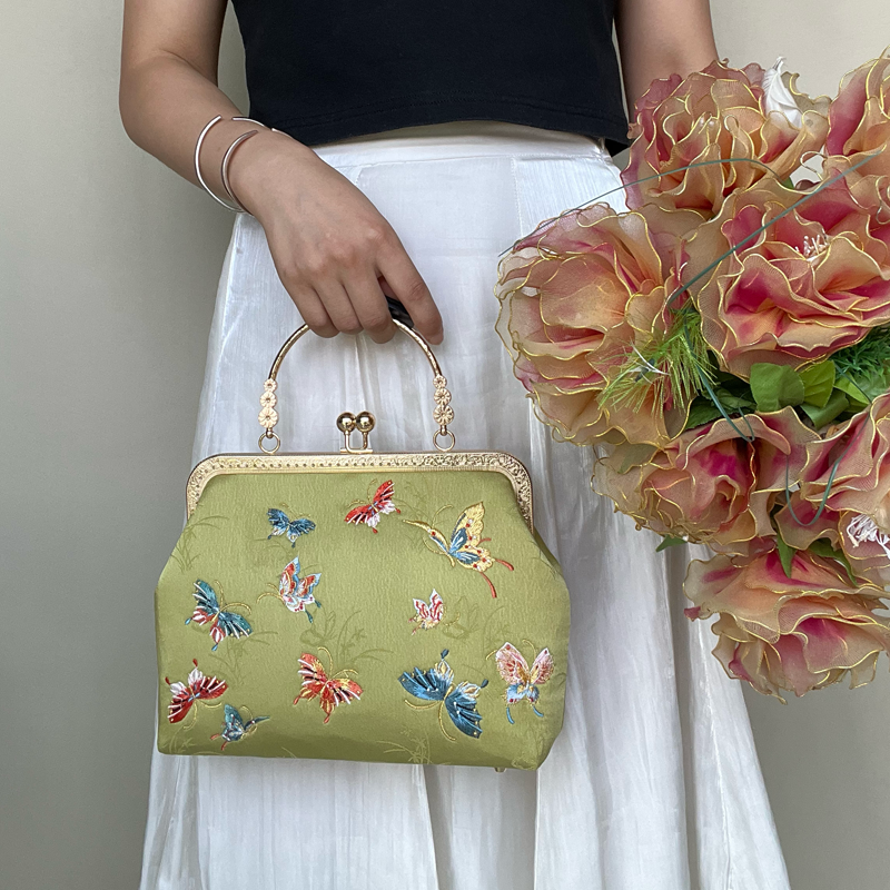 Butterfly Garden Embroidered Handbag with Vintage Metal Kiss-Lock