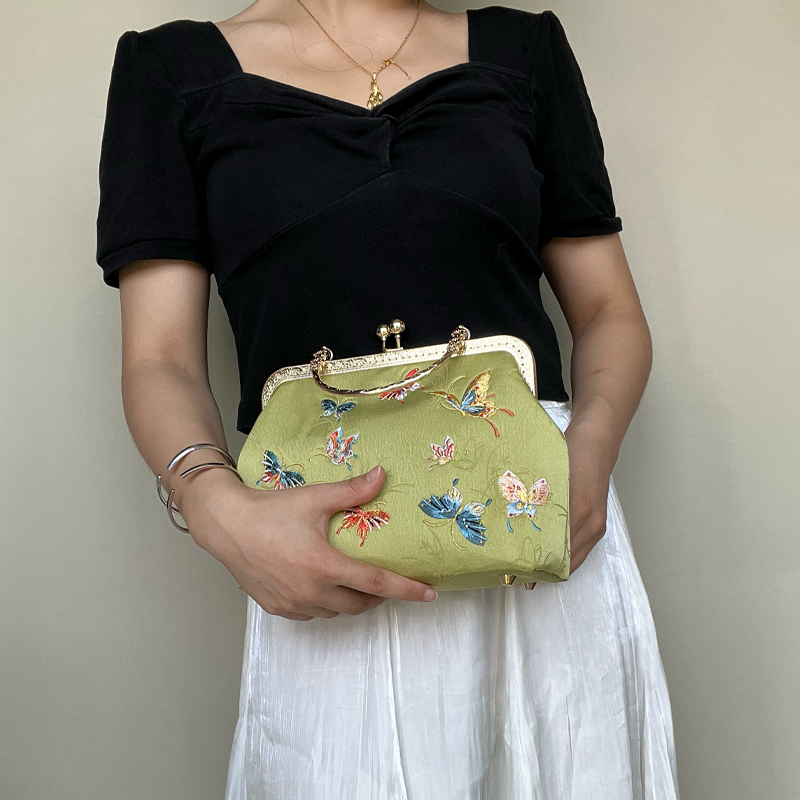 Butterfly Garden Embroidered Handbag with Vintage Metal Kiss-Lock