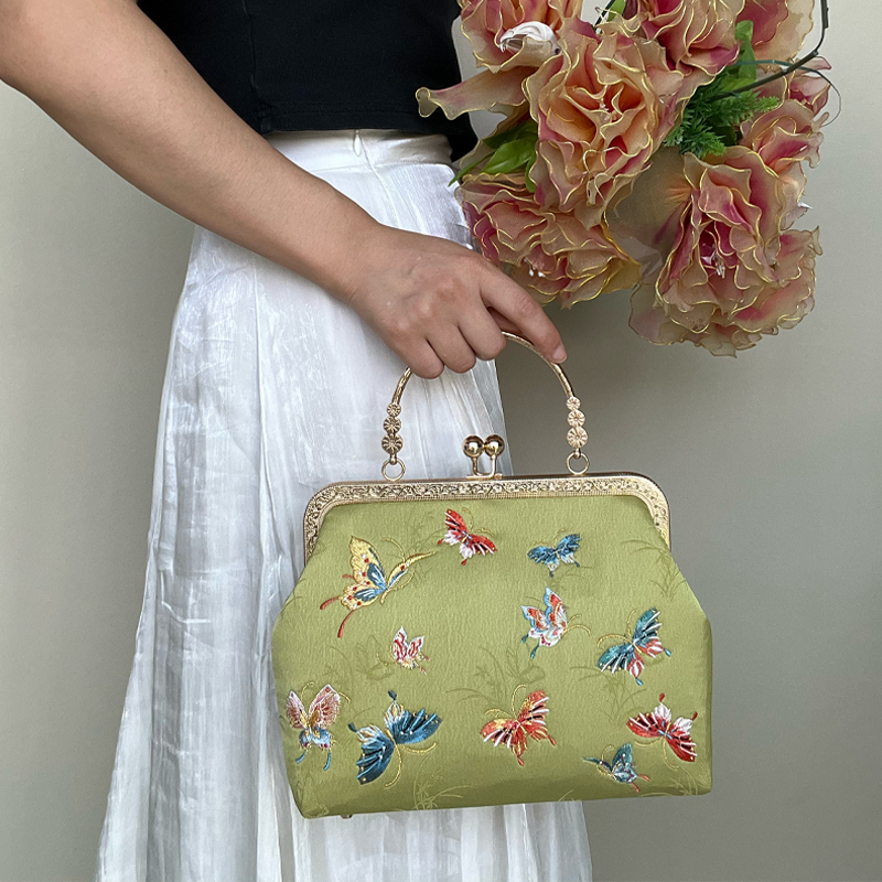 Butterfly Garden Embroidered Handbag with Vintage Metal Kiss-Lock