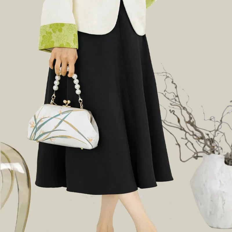 Orchid Bloom Embroidered Kiss-Lock Handbag with Pearl Handle