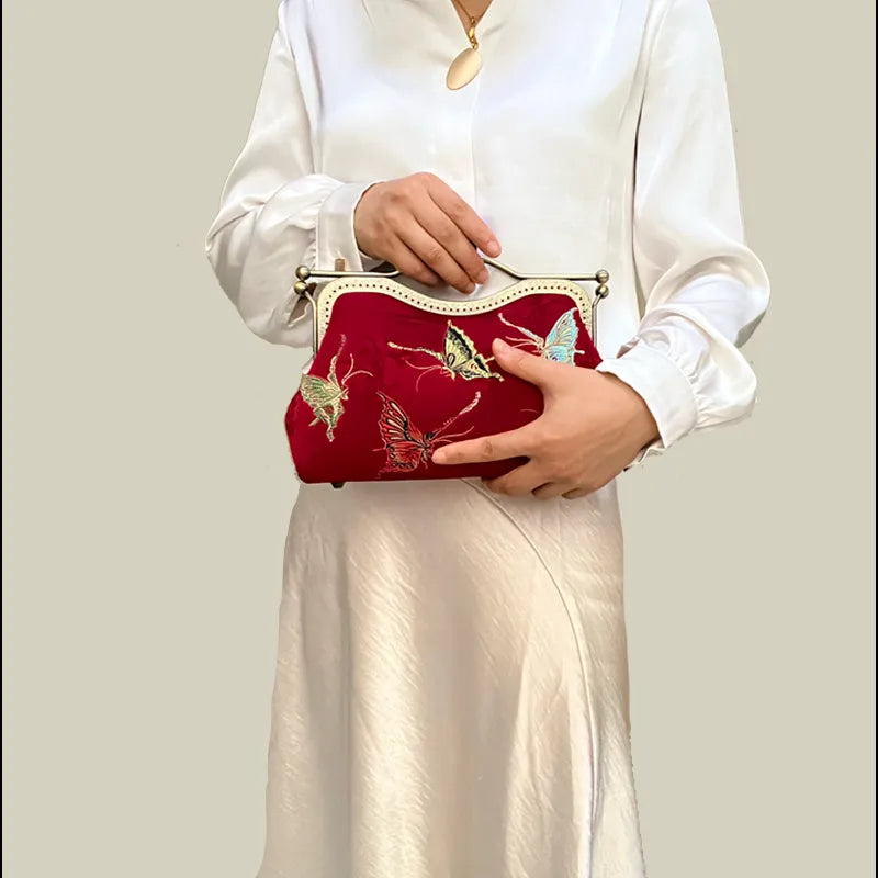 Vintage Butterfly Embroidered Handbag with Metal Kiss-Lock