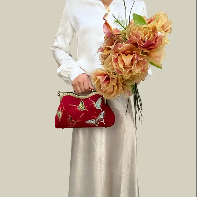 Vintage Butterfly Embroidered Handbag with Metal Kiss-Lock