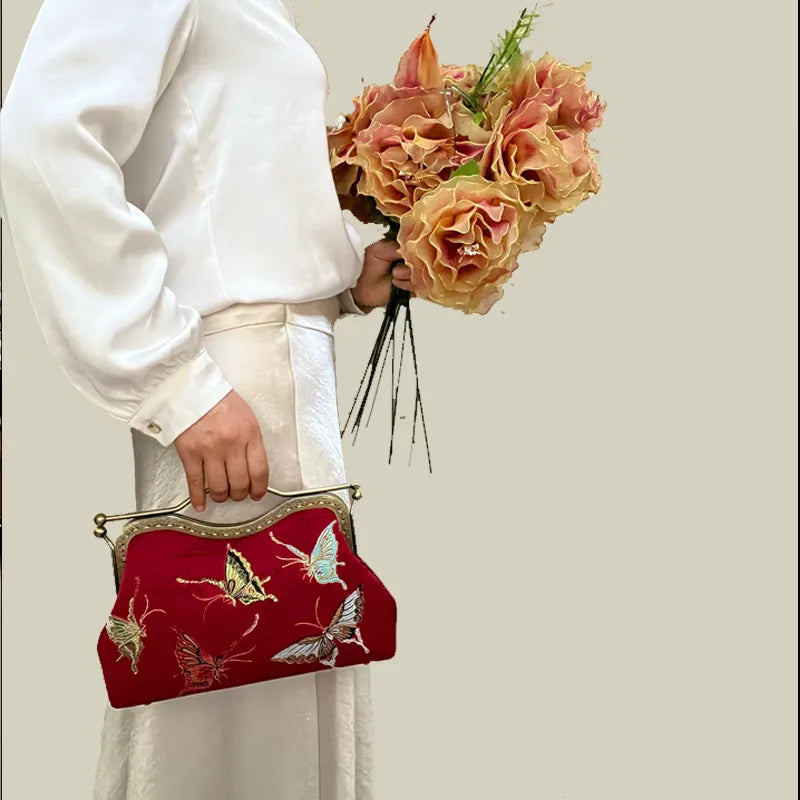Vintage Butterfly Embroidered Handbag with Metal Kiss-Lock