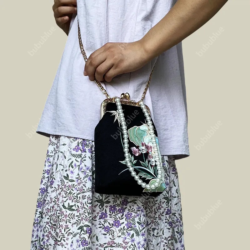 Orchid Whisper Embroidered Mini Crossbody Bag with Pearl Handle