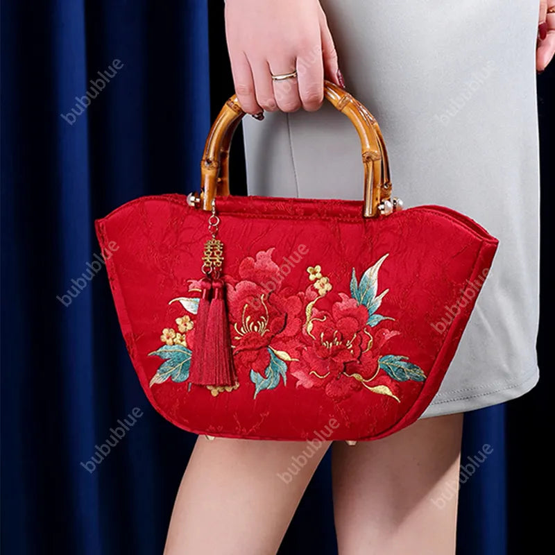 Red Peony Bloom Embroidered Tote Bag with Bamboo Handle