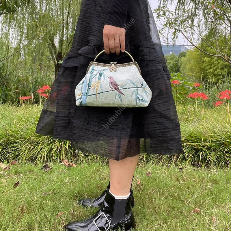 Magpie and Bamboo Embroidered Handbag with Metal Handle