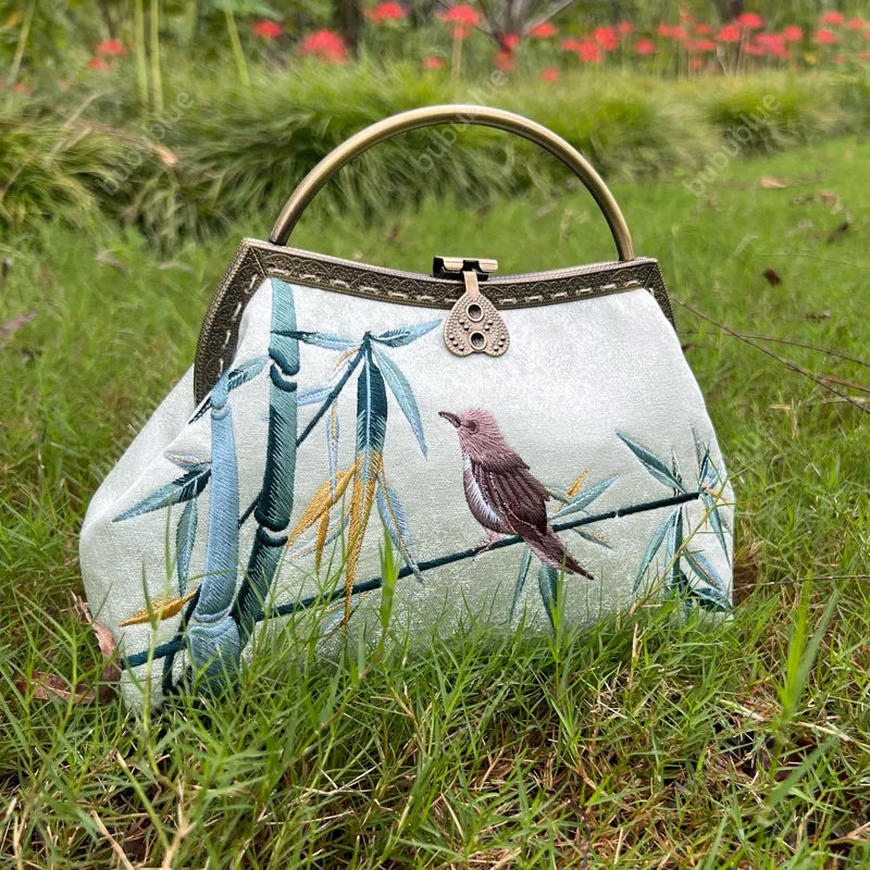 Magpie and Bamboo Embroidered Handbag with Metal Handle