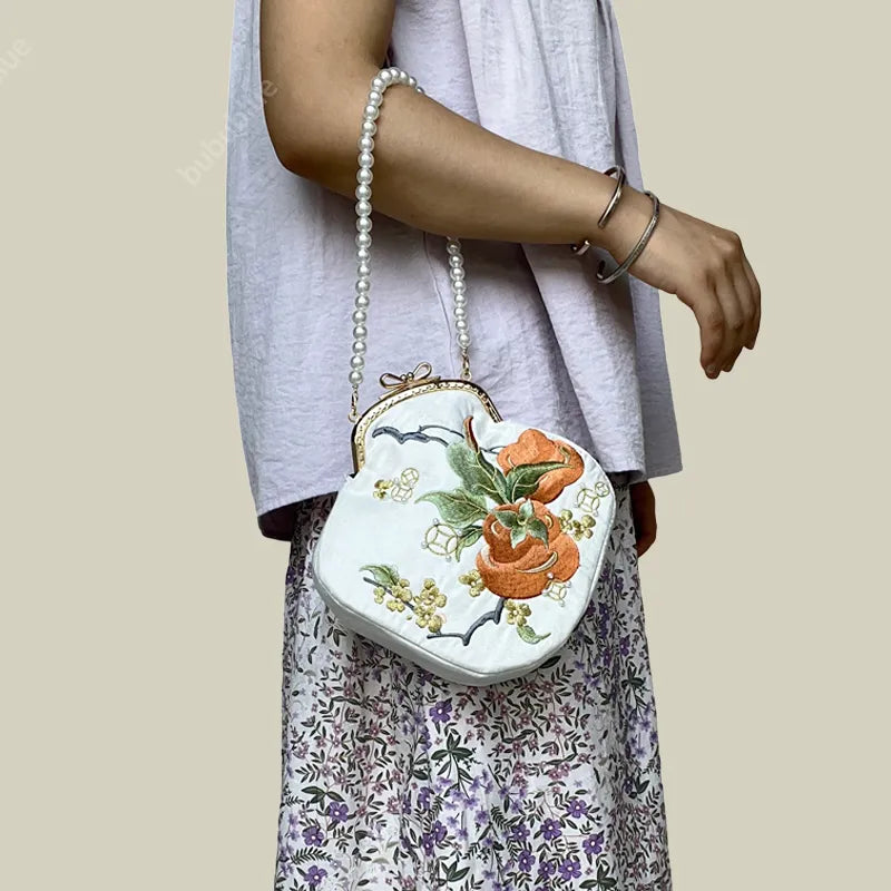 Persimmon Embroidered Pearl Chain Kiss-Lock Crossbody Bag