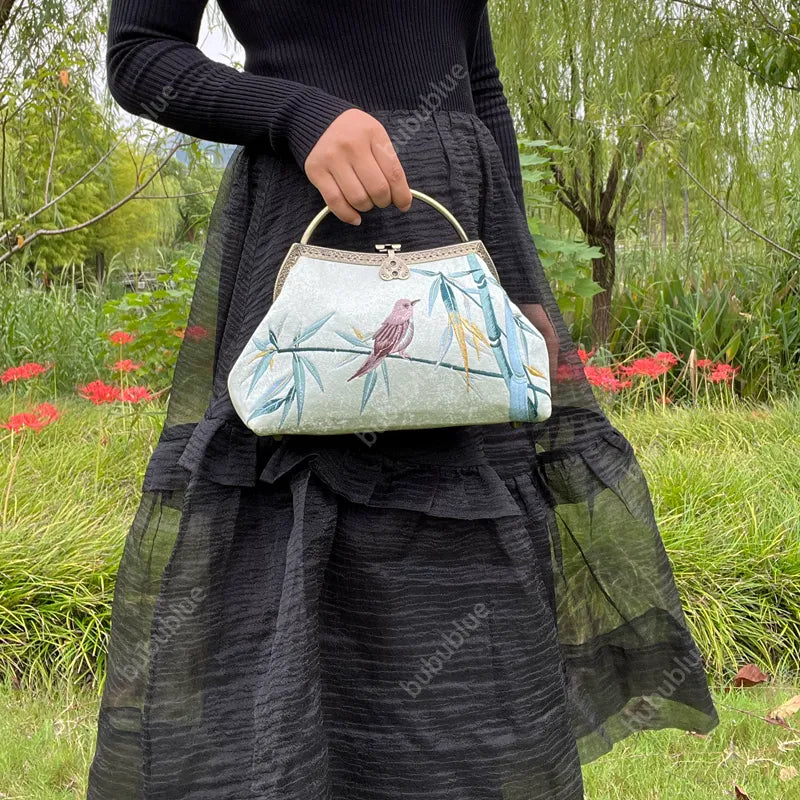 Magpie and Bamboo Embroidered Handbag with Metal Handle