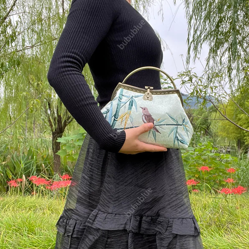 Magpie and Bamboo Embroidered Handbag with Metal Handle