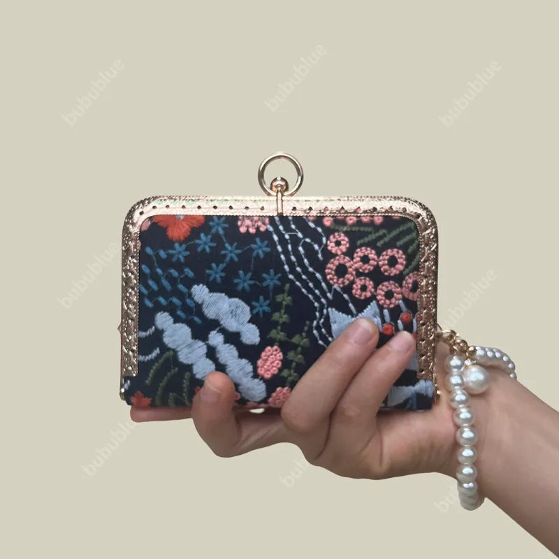 Blossom Stitch Card Wallet with Pearl Wristle With Compartments