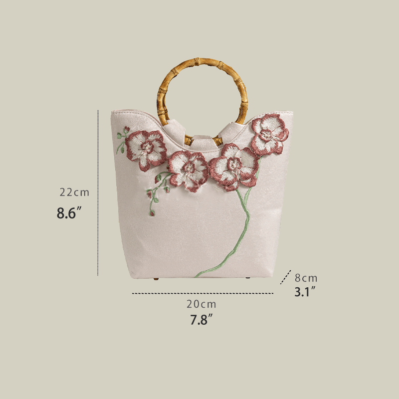 3D Embroidered Flowers & Bamboo Handle White Tote Bag