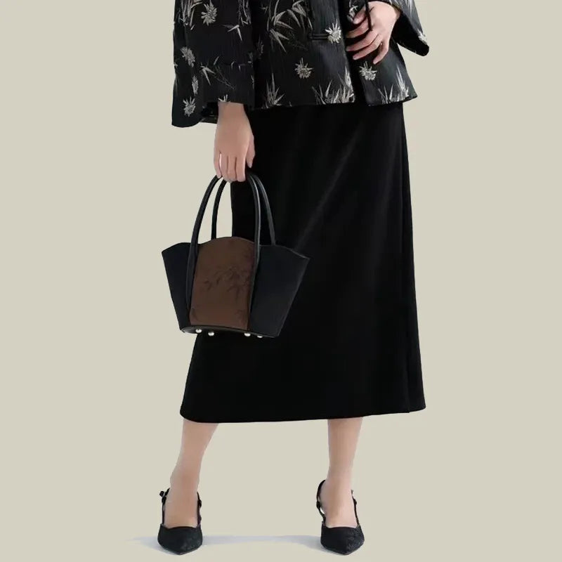 Bamboo Printed Black Colorblock Handbag