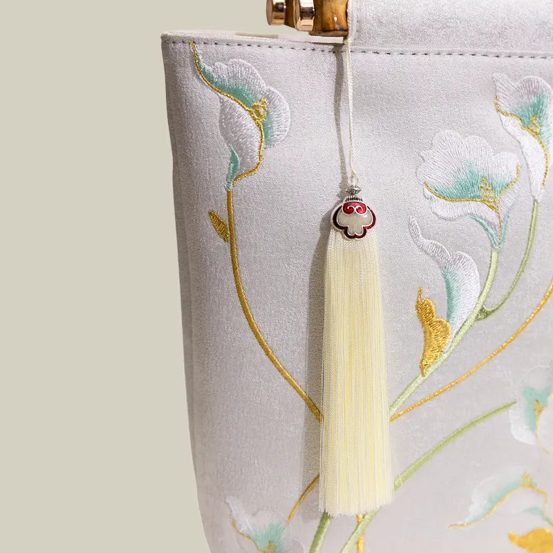 Embroidered Calla Lily Tote Bag with Wooden Handle