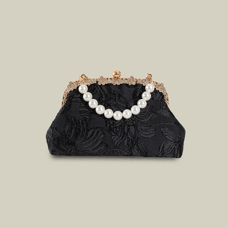 Floral Embroidered Pearl Handle Black Handbag