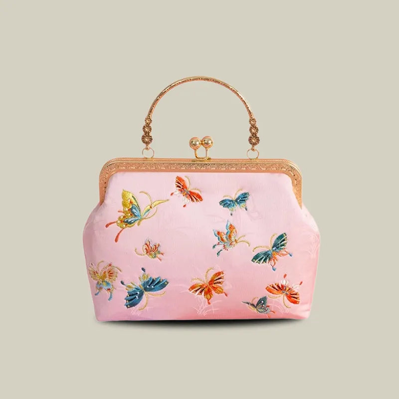 Butterfly Garden Embroidered Handbag with Vintage Metal Kiss-Lock