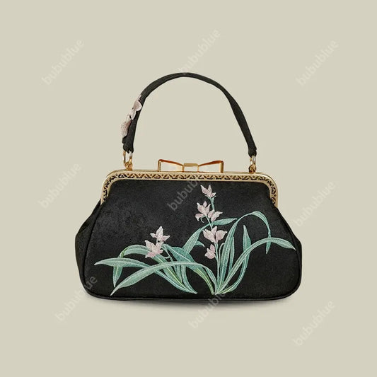 Vintage Orchid Embroidered Handbag with Metal Butterfly Lock