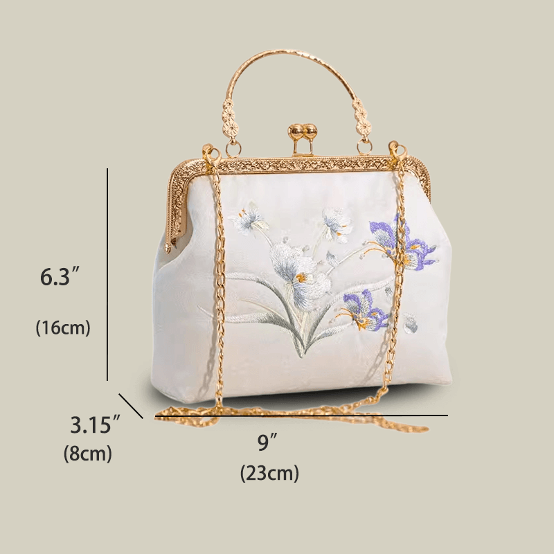Butterfly Embroidered White Kiss-Lock Handbag