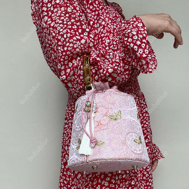 Golden Butterfly Embroidered Bucket Bag(Pink/Purple)