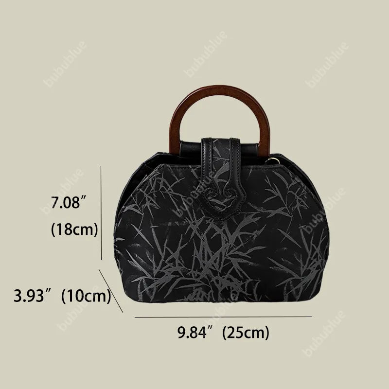 Bamboo Leaf Print Wooden Handle Shell Bag with Crossbody Strap
