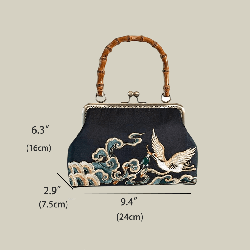 Embroidered Crane Handbag with Metal Kiss Lock