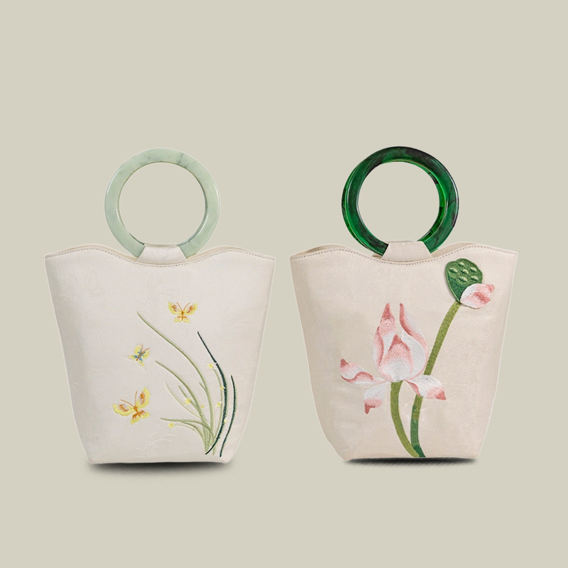 White Lotus Embroidered Tote Bag with Green Acrylic Handle