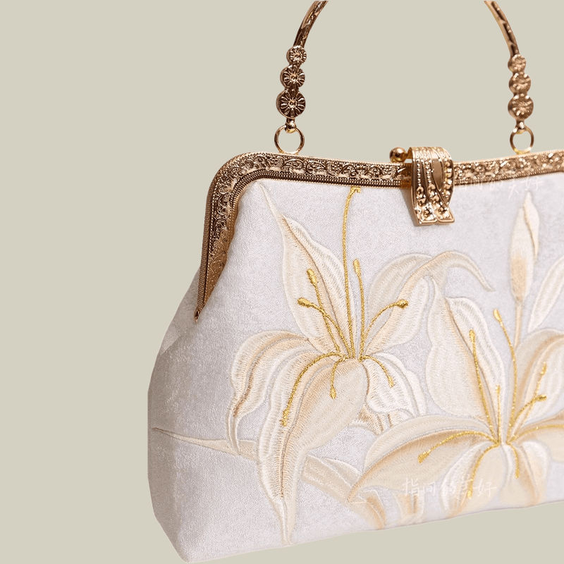 Lily Embroidered Pearl Handle Handbag with Metal Lock