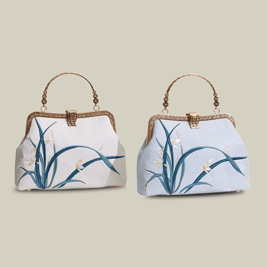 Orchid Embroidered Pearl Handle Handbag with Metal Lock