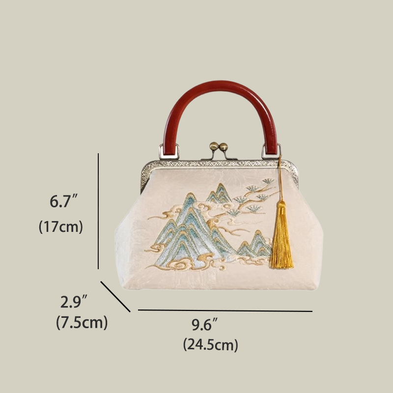 Mountain Mist Embroidered White Handbag with Vintage Metal Kiss-Lock