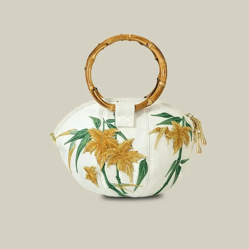 Maple Leaf Embroidered Pumpkin Handbag with Bamboo Handle