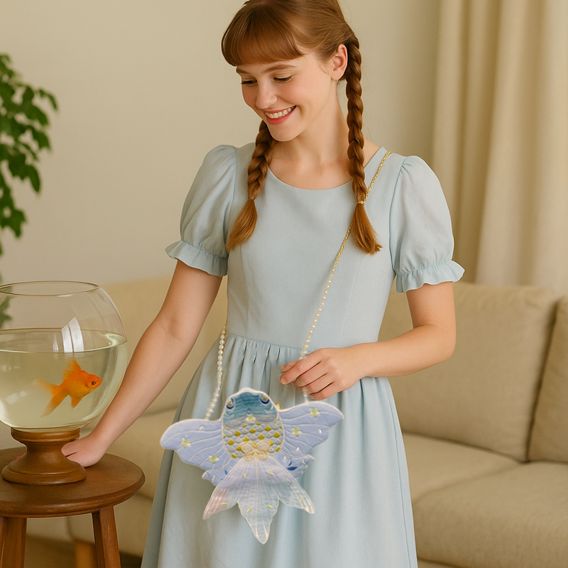 Goldfish Embroidered Crossbody Bag with Pearl Chain