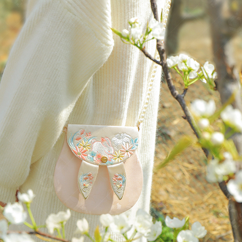 Cute Bunny Embroidered Crossbody Bag with Pearl Chain