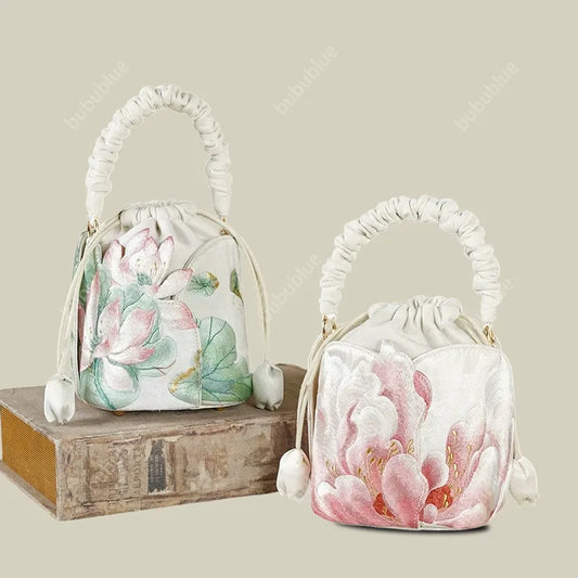 Lotus Embroidered Vintage Drawstring Bucket Bag with Soft Handle