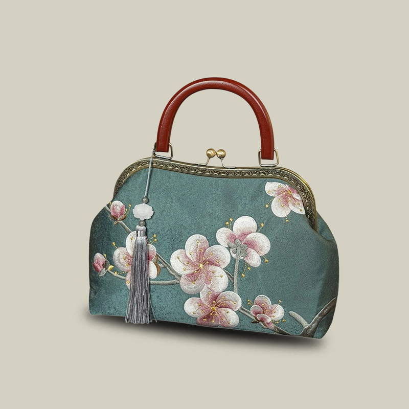 Plum Blossom Embroidered Kiss-Lock Handbag with Acrylic Handle