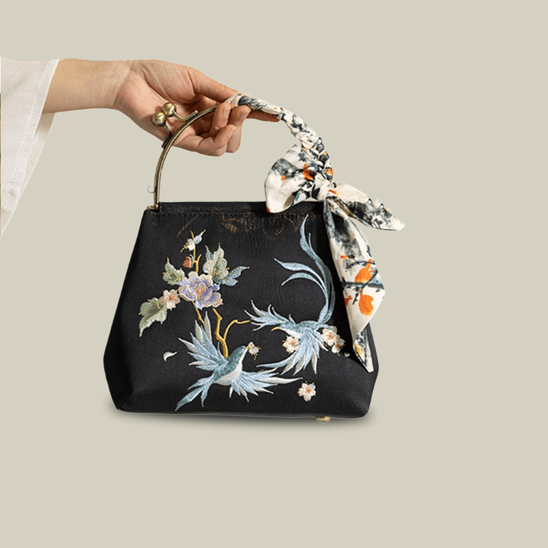Kiss-Lock Embroidered Bird & Blossom Handbag with Silk Scarf