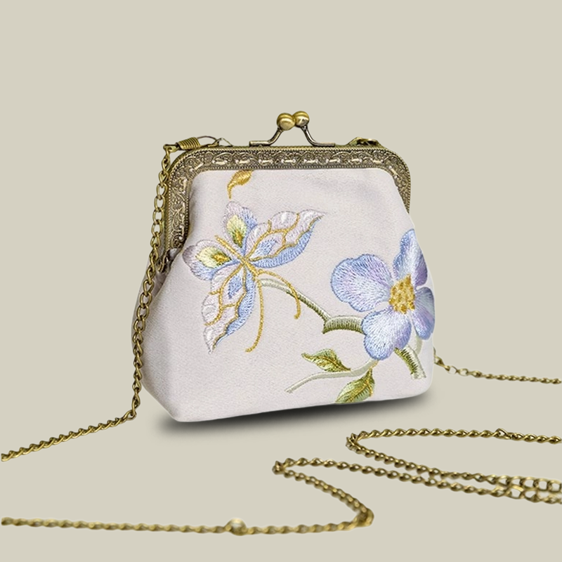 Mini Lotus Blossom Embroidered Coin Purse with Metal Kiss-Lock