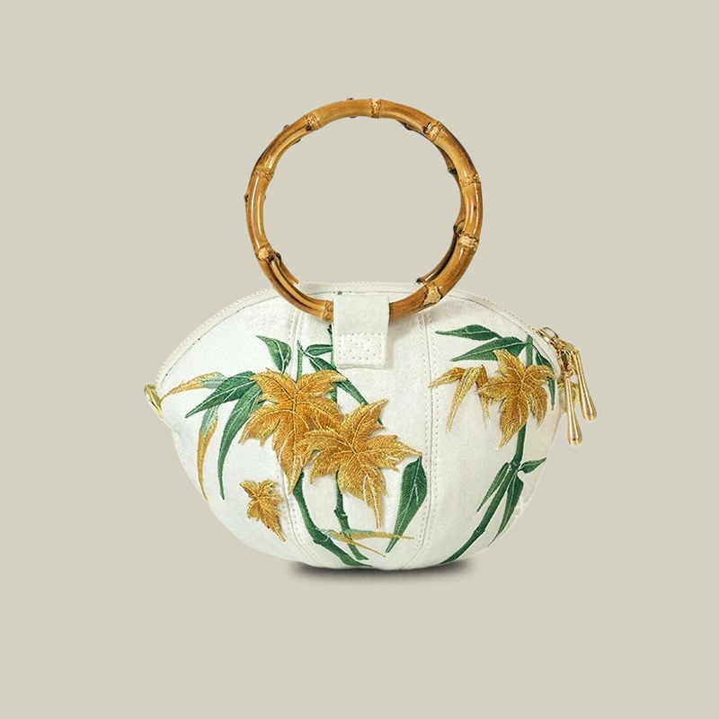 Maple Leaf Embroidered Shell Handbag with Bamboo Handle