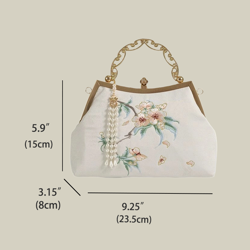 White Pear Blossom Embroidered Handbag with Pearl Tassel