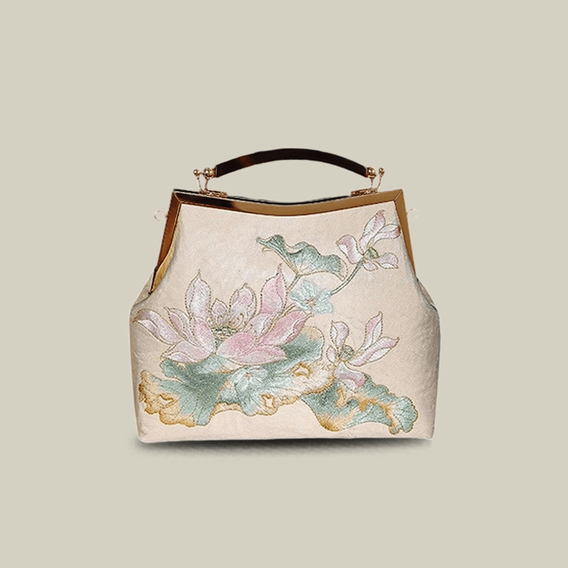 Embroidered Lotus Square Kiss-Lock Handbag with Acrylic Handle
