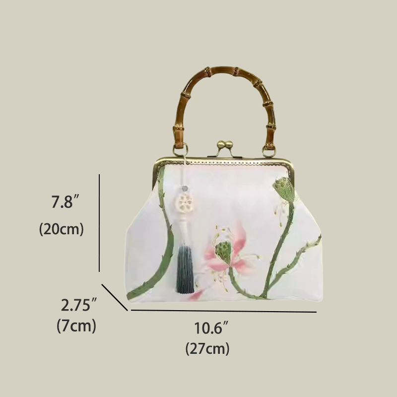 White Lotus Embroidered Handbag with Vintage Kiss Lock