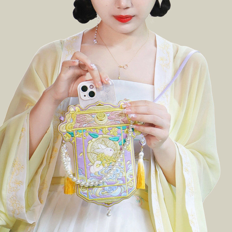 Moon Rabbit Embroidered Crossbody Bag with Pearl Handle