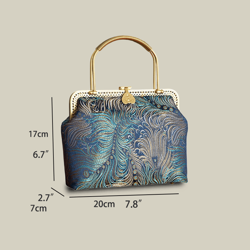 Peacock Blue Brocade Texture & Metal Handle Handbag