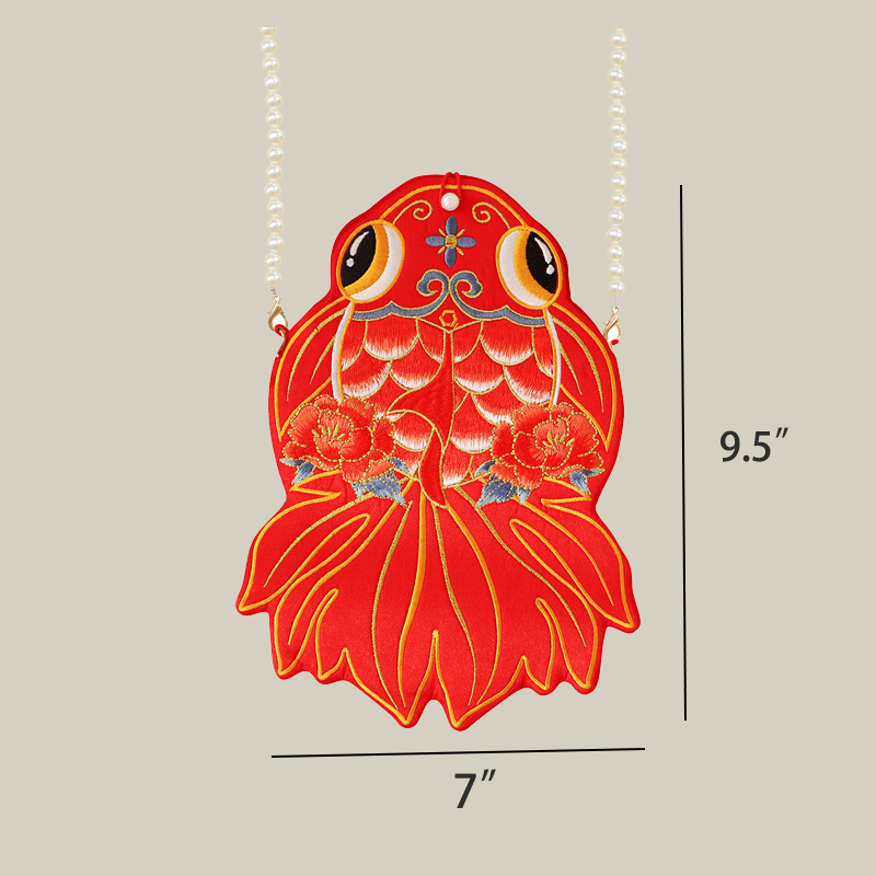 Lucky Koi Fish Embroidered Crossbody Bag with Pearl Chain